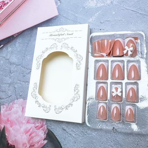 24 Pcs Bow French Tip Press On Nails - Short Square Design