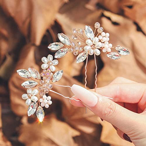 Unicra Bridal Flower Hair Pins - Rose Gold Crystal & Pearl Wedding Clips (2)