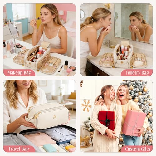 Personalized Beige Makeup Bag with Initial - Travel Toiletry Organizer