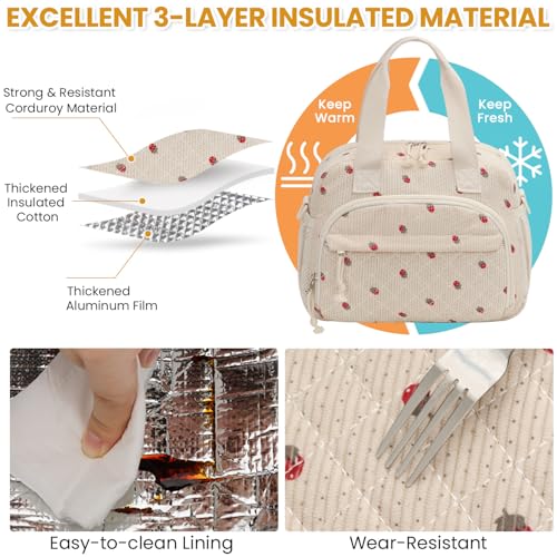 ELONGRIVER Insulated Corduroy Lunch Bag for Women & Teens - 10L Capacity, Cute Design, Portable Tote Cooler