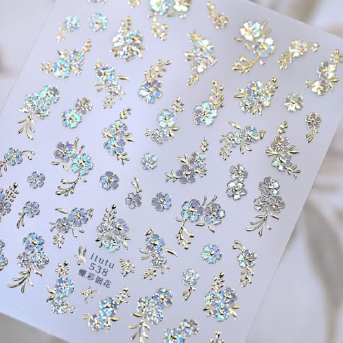 Sevgob Color A18 5D Gold Silver Floral Nail Stickers Embossed Decals for DIY Manicure