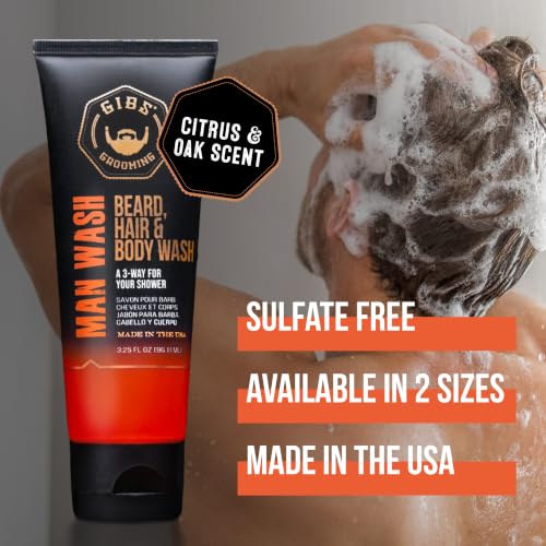 GIBS Grooming 3-in-1 Man Wash - Amber Scent, Sulfate-Free Body & Hair Cleanser