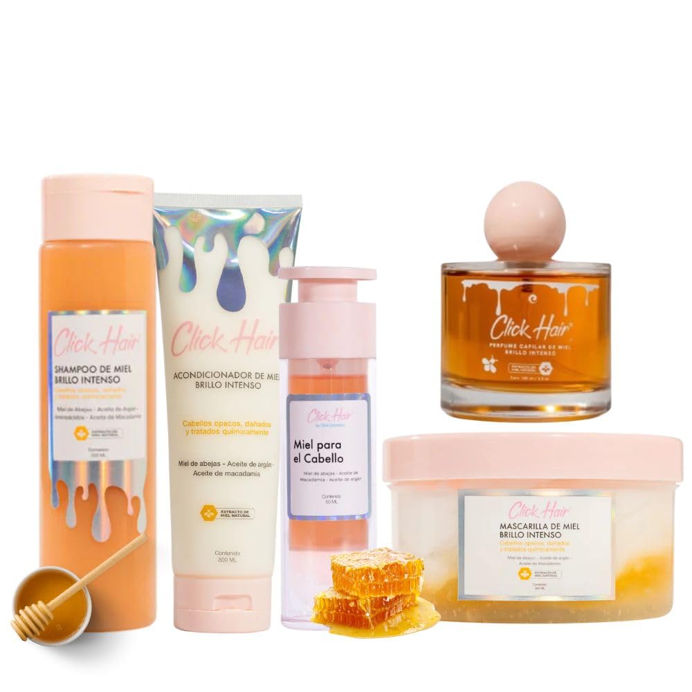 RUUFE Click Hair Shampoo de miel x 300ml, Acondicionador brillo intenso x 300ml Perfume de miel Click hair x 100ml, Mascarilla de miel Click hair x 300 ml y Miel Capilar click hair x 50ml (5 Pack)