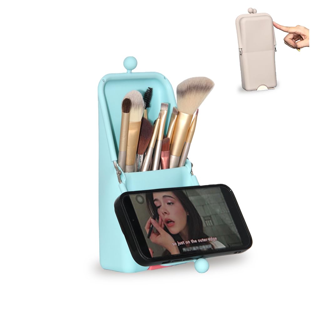 Geelraqaly silicone makeup brush holder,waterproof soft and sleek portable travel cosmetic bag,standing makeup bag,blue