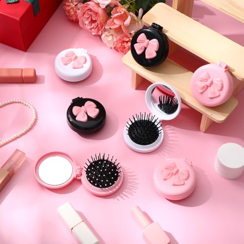12 Pack Foldable Travel Hair Brush with Mirror - Bow Design, Multi Color
