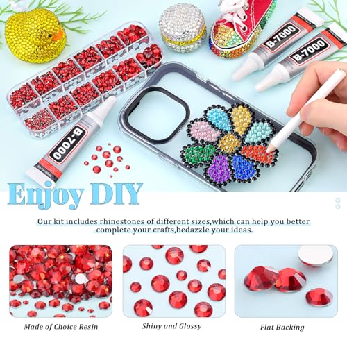 BELLEBOOST 6000pcs Red Rhinestones Bedazzling Kit with 12 Grid Sizes, Tweezers & Glue