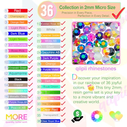 qiipii 36 Color 2mm Jelly Rhinestones for DIY Crafts & Nail Art