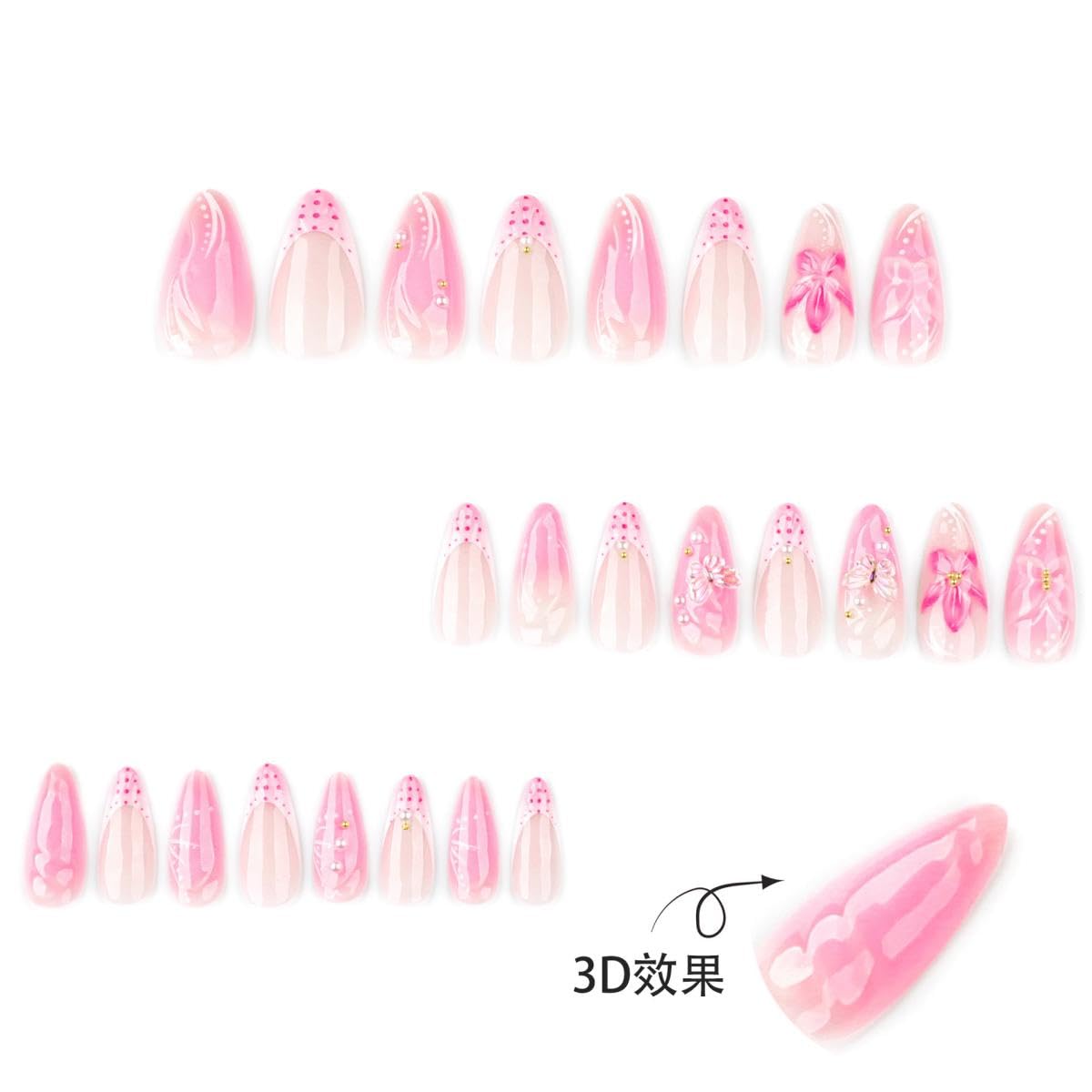 Flower Nail Press Ons - French Tip 3D Floral Butterfly Acrylic Nails | Glossy Pink Medium Almond Full Cover - 24 Pcs