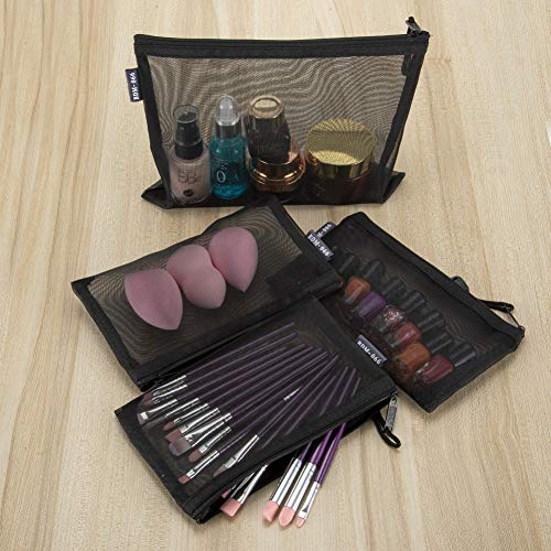HRX 6pcs Mesh Makeup Bags for Travel - A5 & A6 Sizes, Black