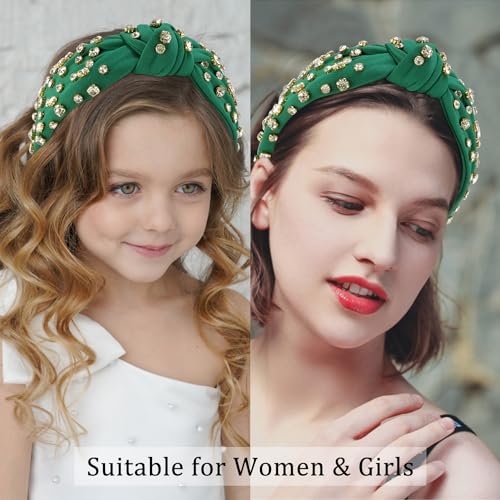 Atoden Green Rhinestone Headband - Women's Wide Top Knot with Clear Beaded Embellishments