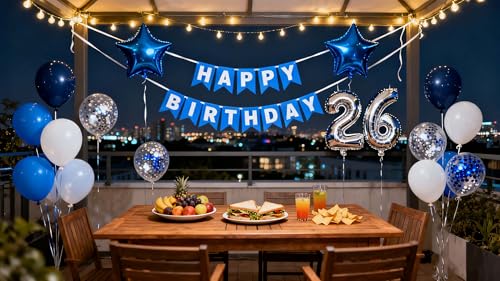 26th Birthday Party Decorations Blue Set for Men - Happy Banner & Balloons