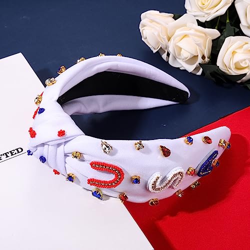 USA Patriotic Knotted Headband with Rhinestones for 4th of July