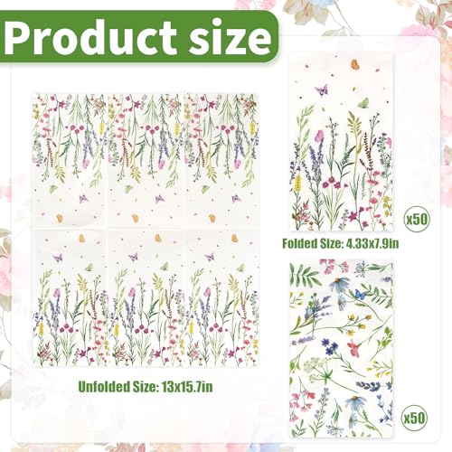 Wildflower Paper Napkins - 100 Pack Disposable Floral Guest Napkins