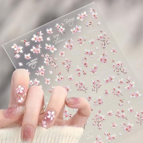 5D Cherry Blossom Nail Art Stickers - Pink Floral Decals for DIY Manicure