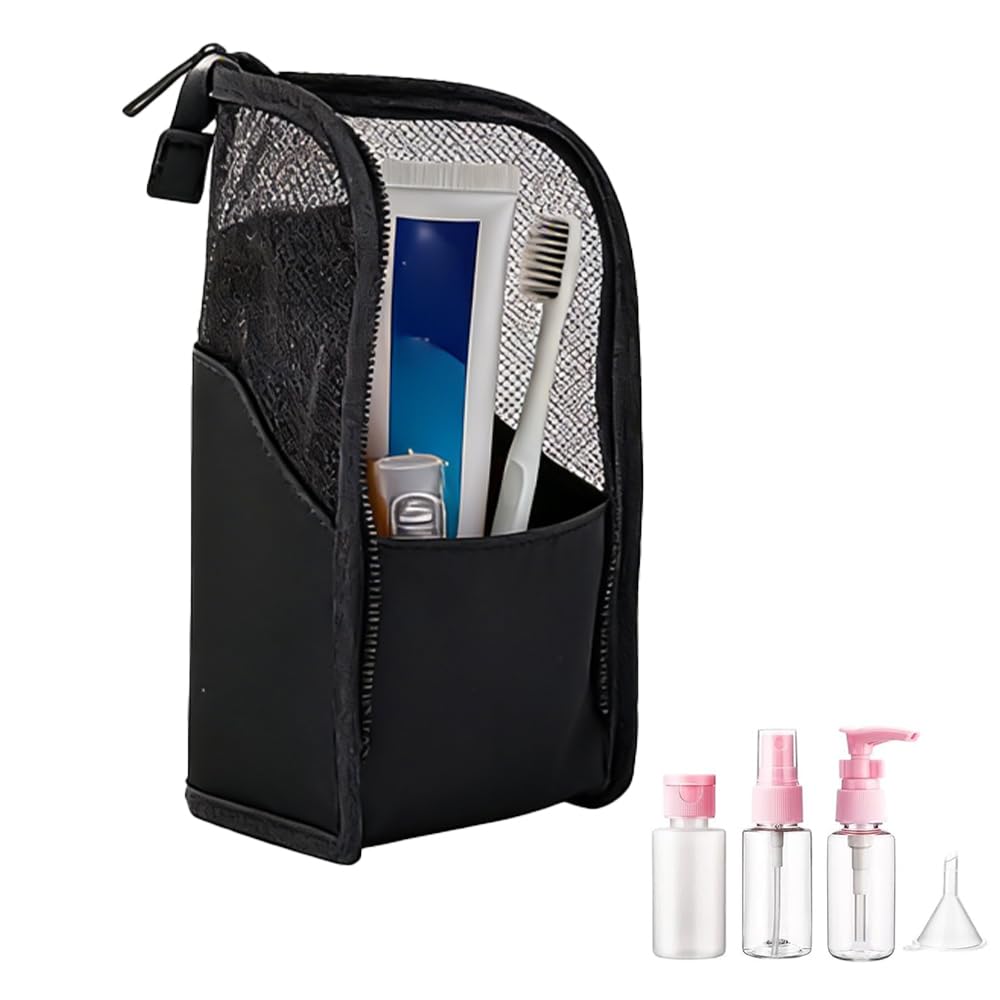 Spwejsr Standing Toiletry Bag, Portable Lightweight EVA Mesh Travel Toiletry Bag, Large Capacity & Water-resistant & Foldable Design, for Makeup Brushes & Toothbrush (Black-1PCS)