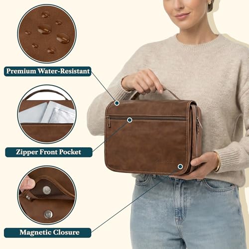 PAVILIA Dark Brown Large Hanging Toiletry Bag Travel Organizer for Men & Women
