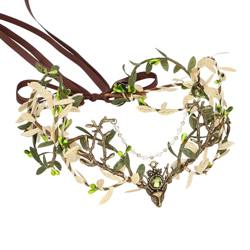 MOSTORY Handmade Green-Beige Forest Leaf Crown for Cosplay & Parties