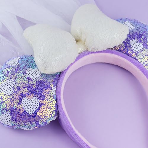 3D Purple Heart Bridal Mouse Ear Headband with Veil - LIHELEI