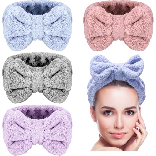 Senkary 4 Pack Microfiber Bow Headbands for Face & Shower, Pink Blue Purple Gray
