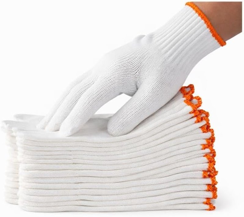 White Cotton Work Gloves - 12 Pairs Reusable Knit Gloves for Men & Women | Soft, Breathable, Washable with Orange Cuff
