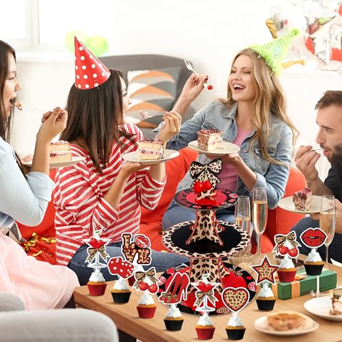 Cheetah Cherry Cupcake Stand Set with 24 Cake Toppers - 3 Tier Leopard Print Dessert Holder for Birthday & Party Decorations