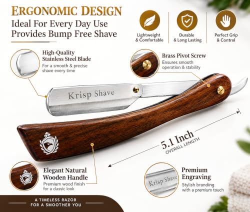 Krisp Shave Safety Straight Razor with Wooden Handle & 5 Double Edge Blades - Men Barber Tool