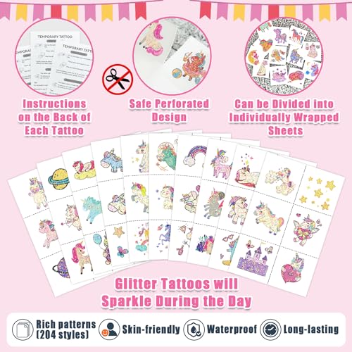 Partywind Glitter Temporary Tattoos for Kids - 204 Styles, Safe & Easy to Apply, Party Favors & Kids Decor