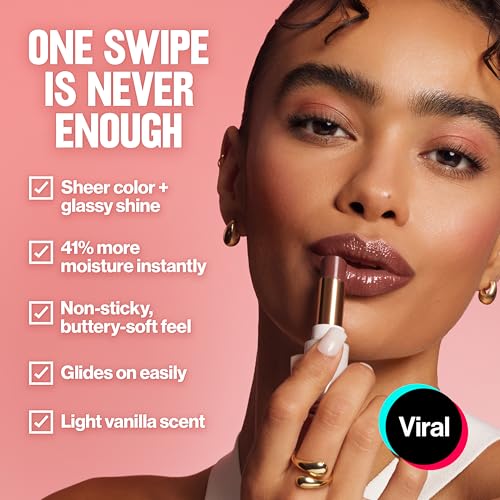 REVLON Super Lustrous Glass Shine Balm, Sheer Glossy Tinted Lip Balm, Hydrating Formula with Hyaluronic Acid, Aloe & Rose Quartz, 004 Nude Illuminator, 0.11 oz