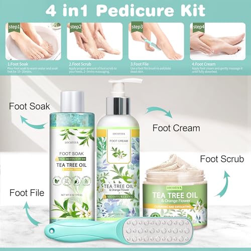LUCOTIYA Foot Spa Kit - Tea Tree & Orange Flower Soak, Scrub & Cream