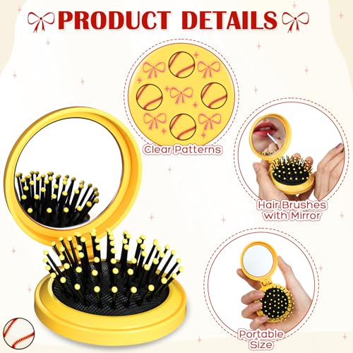 12 Pcs Softball Mini Hair Brush with Mirror – Folding Travel Hairbrush Set