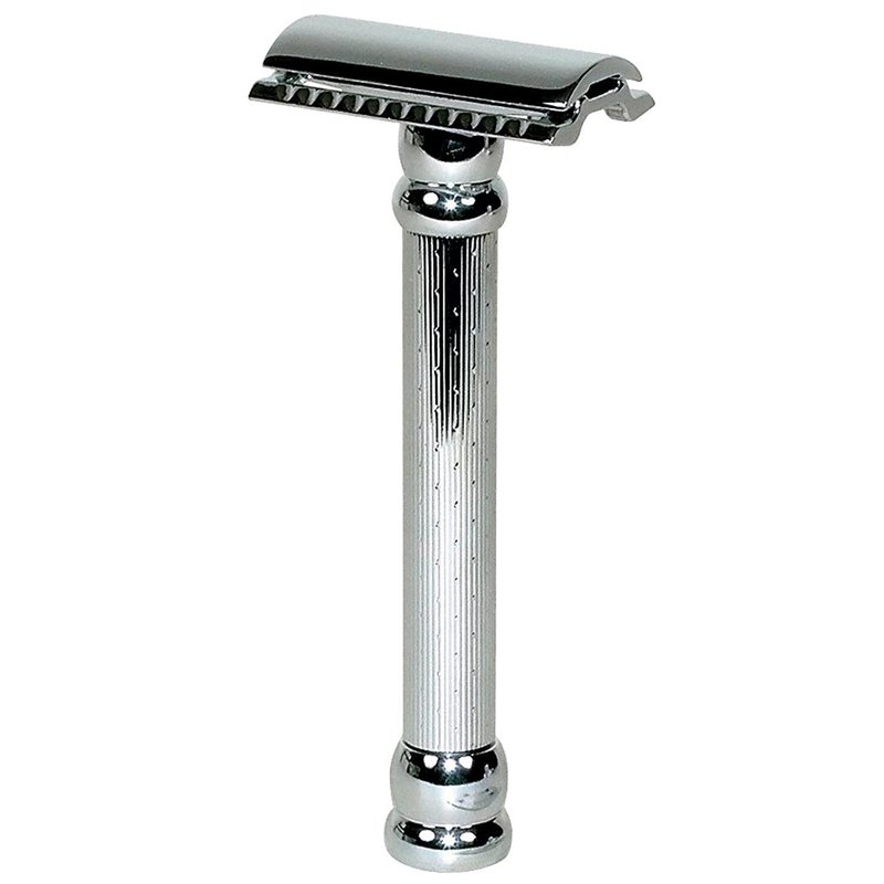 MERKUR 47C Double Edge Safety Razor – Long Handle Three-Piece Straight Cut Razor, Bright Chrome Finish, Engine-Turned Grip, Smooth Shave, Designed & Made in Germany