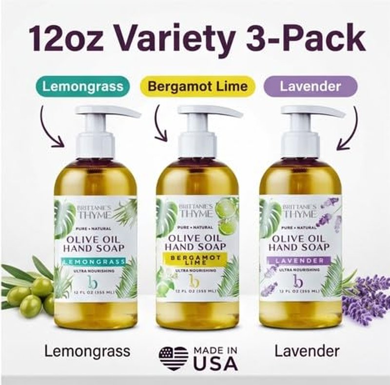 Brittanie's Pure Castile Liquid Hand Soap Refill - Bergamot, Lavender & Lemongrass | 12 Ounce Pack of 3 | Gentle Vegan Formula