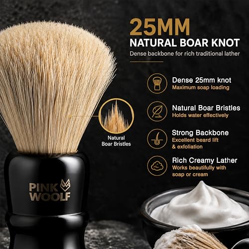 Pink Woolf Black 25mm Boar Shaving Brush for Men, Exfoliating Wet Shave Brush