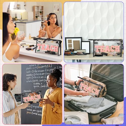 CY2SIDE TEACH Clear Makeup Bag with Handle - Waterproof Travel Organizer for Teachers
