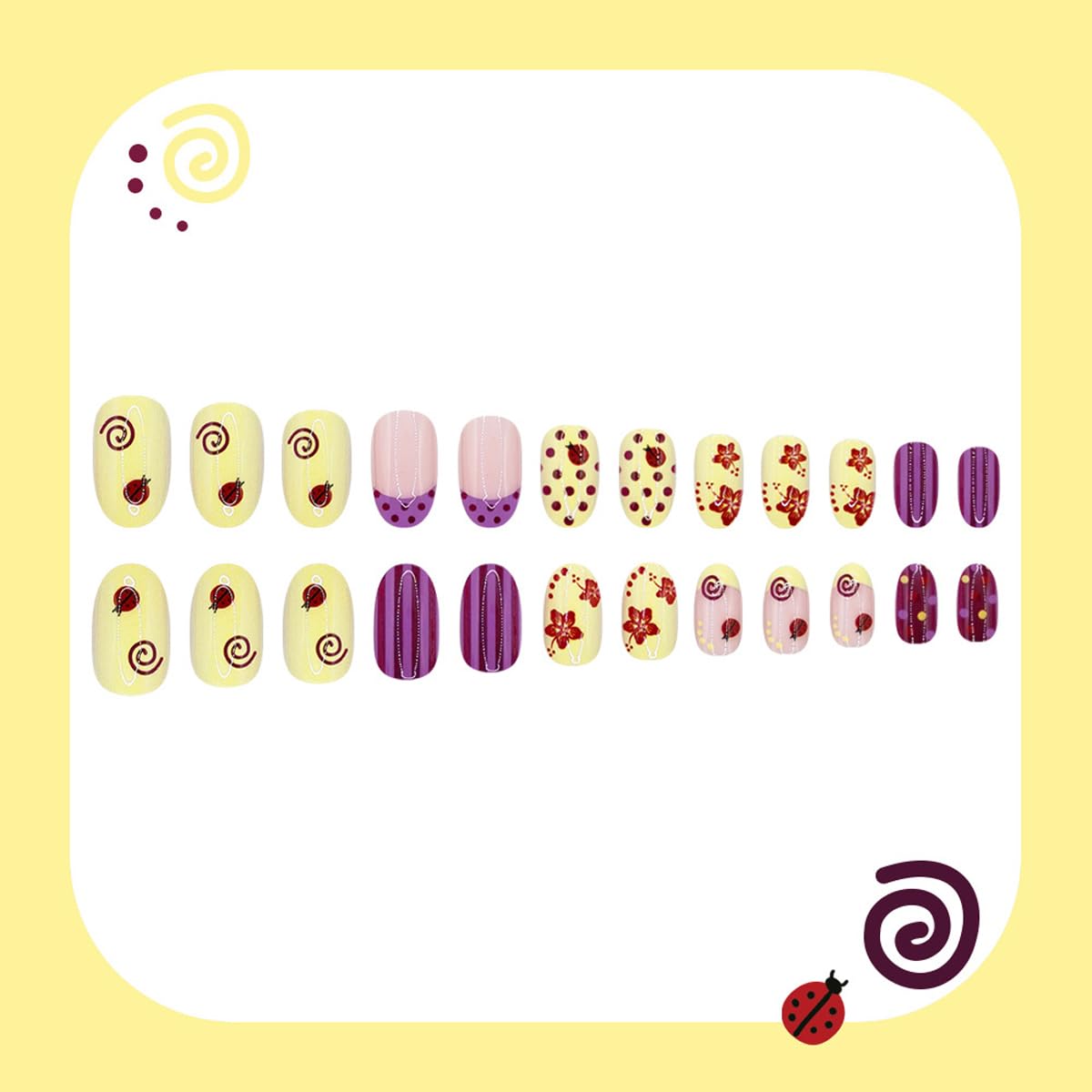 Press On Nails - Short Oval French Tip with Ladybug & Polka Dot Design | 24PCS Glossy Purple Yellow Full Cover
