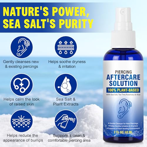 Piercing Aftercare Spray for Ear, Nose, Belly Button & Cartilage - Soothing Sea Salt & Aloe Vera Solution