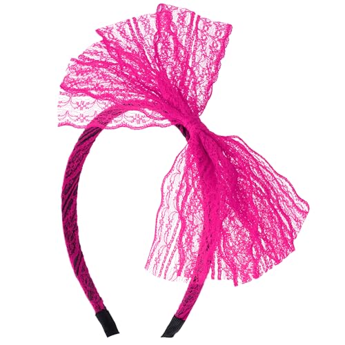 Rose Red Neon Lace Bow Headband for 80s Costume & Party Accessories