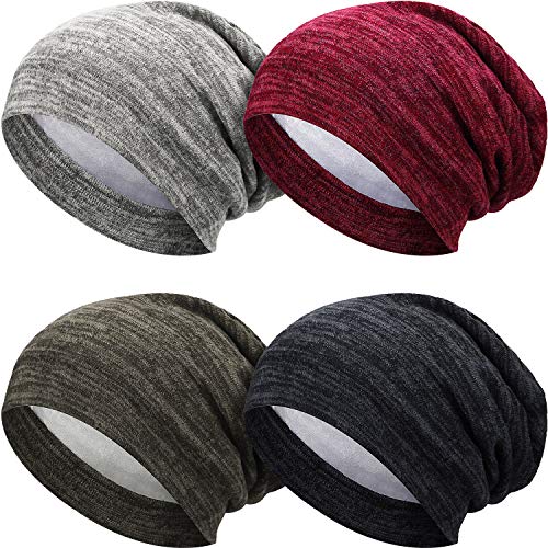Satin Lined Sleep Cap Set of 4 - Black, Army Green, Wine Red, Gray | Soft Slouchy Bonnets for Hair Care