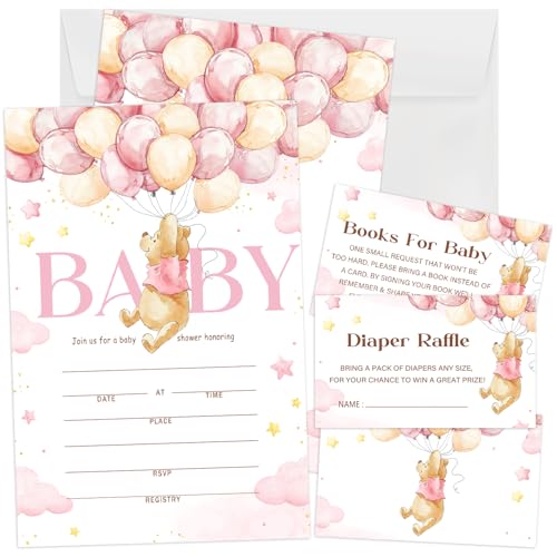 Winnie the Pooh Baby Shower Invitations Set - 25 Double-Sided Invites, Envelopes & Cards