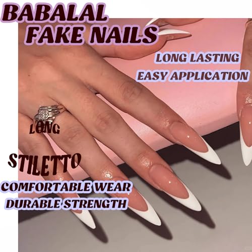 BABALAL Long French Tip Press-On Nails - 24 Pcs Glossy White Acrylic