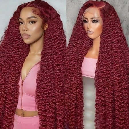 Burgundy 250 Density Human Hair Wig - 30 Inch 13x6 Deep Wave Lace Front | Pre-Plucked HD Transparent Lace Frontal for Women