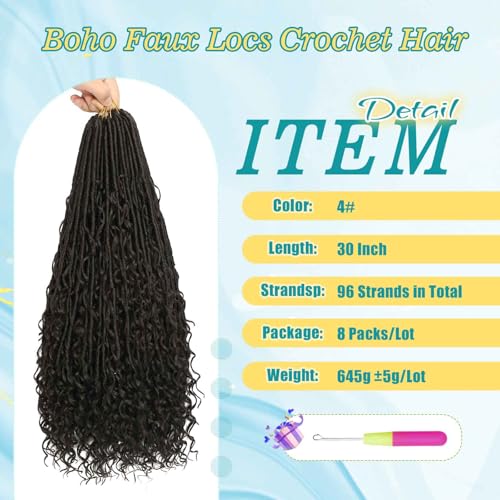 DACAI XIU 4# Boho Soft Locs Crochet Hair 30 Inch 8 Packs Goddess Faux Locs