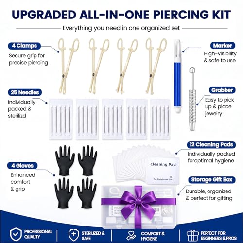 Zygc 48Pcs Body Piercing Tool Kit with Jewelry Grabber, Needles, Clamps & Storage Box