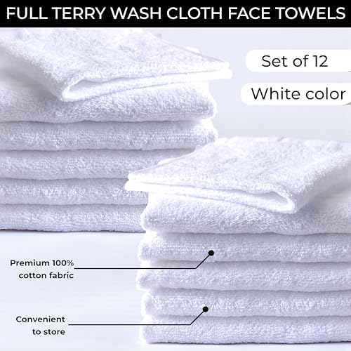 LIVINATI White Cotton Wash Cloths 12 Pack - 12"x12" Soft Bath Rags