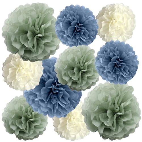 Sage Green & Dusty Blue Tissue Pom Poms - 10-Pack Party Decorations