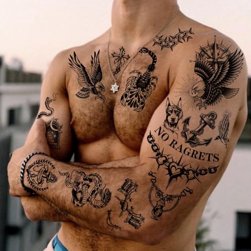 Black Old School Temporary Tattoos for Adults - 300+PCS Retro American Style Fake Arm Tattoos, Waterproof & Easy to Apply