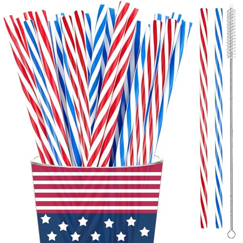 50 Reusable Red White Blue Striped Straws - Patriotic Party Supplies