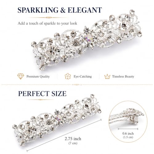LUXXII 2 Pack Silver Rhinestone Hair Barrettes for Bridal & Special Occasions