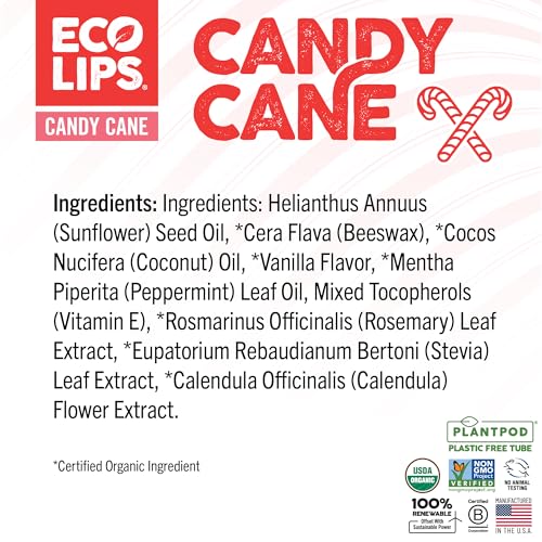Eco Lips Organic Candy Cane Lip Balm - 3 Pack | Festive Vanilla Mint Flavor | 100% Plastic Free