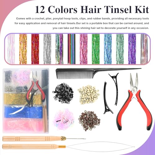 Leuceiy 12 Color 48" Hair Tinsel Kit - 3600 Strands for Sparkling Hair